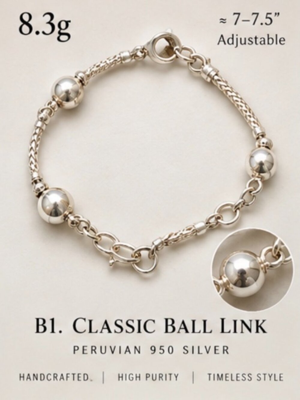 Peruvian 950 Silver Beaded Rope Bracelet 8.3g